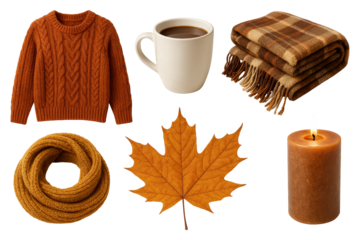 Png set of cozy autumn items including sweater, mug, scarf, leaf, blanket, candle isolated on transparent background. concept of fall decor, seasonal warmth, home comfort