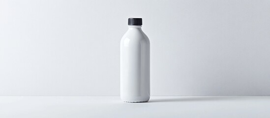 Isolated white bottle with a black cap standing on a white surface in a minimalist setting