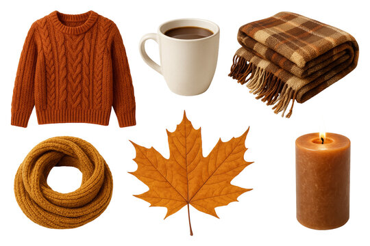 Png set of cozy autumn items including sweater, mug, scarf, leaf, blanket, candle isolated on transparent background. concept of fall decor, seasonal warmth, home comfort