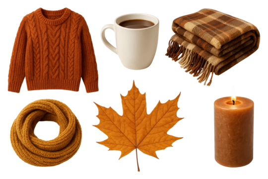 Png set of cozy autumn items including sweater, mug, scarf, leaf, blanket, candle isolated on transparent background. concept of fall decor, seasonal warmth, home comfort
