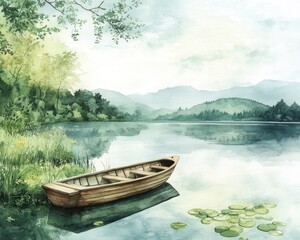 Watercolor painting of a wooden boat on a calm lake with mountains and trees in the background