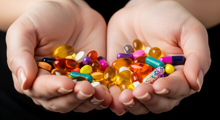 Hands holding colorful mixed vitamin capsules and nutritional supplements