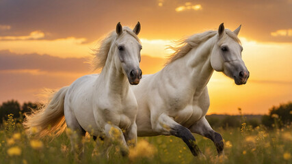 Obraz premium Two white horses running through a field at sunset