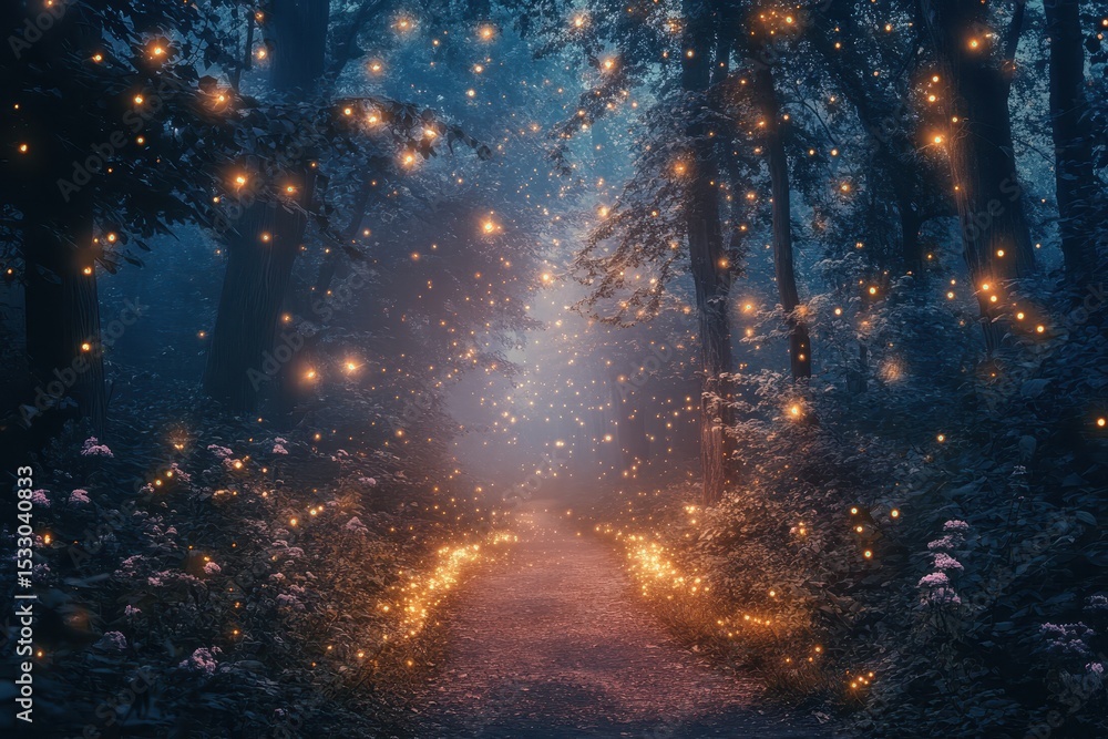 Poster enchanting path illuminated by glowing lights in a serene forest during twilight hours