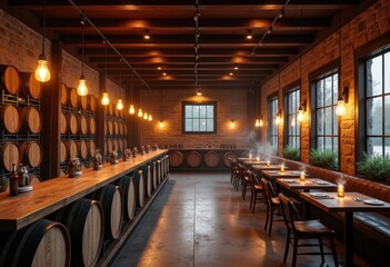 artisan brewery cozy interior barrel aging craft beer distinctive timber elements warm ambiance, design, wood, furniture, deco, vintage, shelf, lighting