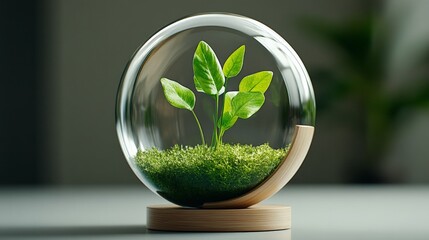 Small green plant inside a glass terrarium with moss on a wooden base