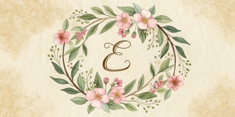 Watercolor Floral Wreath with Letter E Monogram, Vintage, Botanical Illustration, Floral Wreath, Monogram Floral Monogram, Watercolor