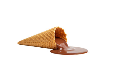 Waffle cone with melted chocolate ice cream isolated on transparent background