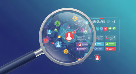 Fototapeta premium Analyzing Network Connections Magnifying Glass Over Social Media, Infographics and Data Visualization.