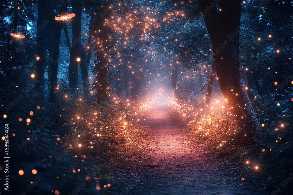 Aufkleber enchanting path illuminated by glowing lights in a serene forest during twilight hours