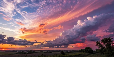 Epic Sunset Clouds Over Field, Sky , Landscape