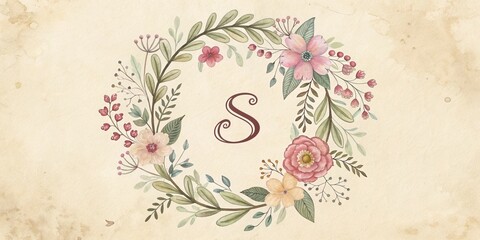 Watercolor Floral Wreath with Letter S Monogram, Beige Background, Botanical Illustration, Floral Design Floral Monogram, Watercolor Painting