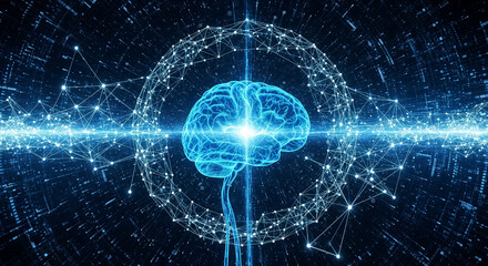 Fototapeta premium Futuristic 3D brain with glowing neurons and digital tech grid background
