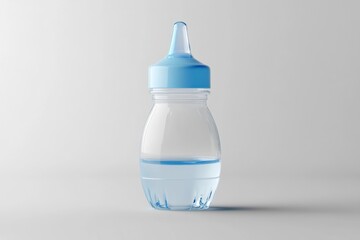 A clear bottle with a blue cap and liquid inside standing against a white background studio shot