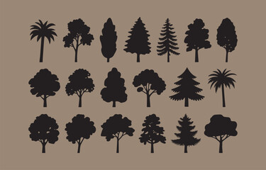 Collection of black tree silhouettes on brown background