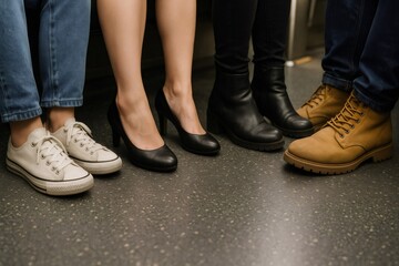 Different types of footwear worn by passengers sitting on a subway train, showcasing fashion and commuting styles