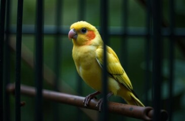 A beautiful bird is sitting in a bird cage. The background is slightly blurred, which highlights the bird and its cage.