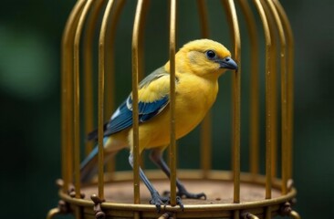 A beautiful bird is sitting in a bird cage. The background is slightly blurred, which highlights the bird and its cage.