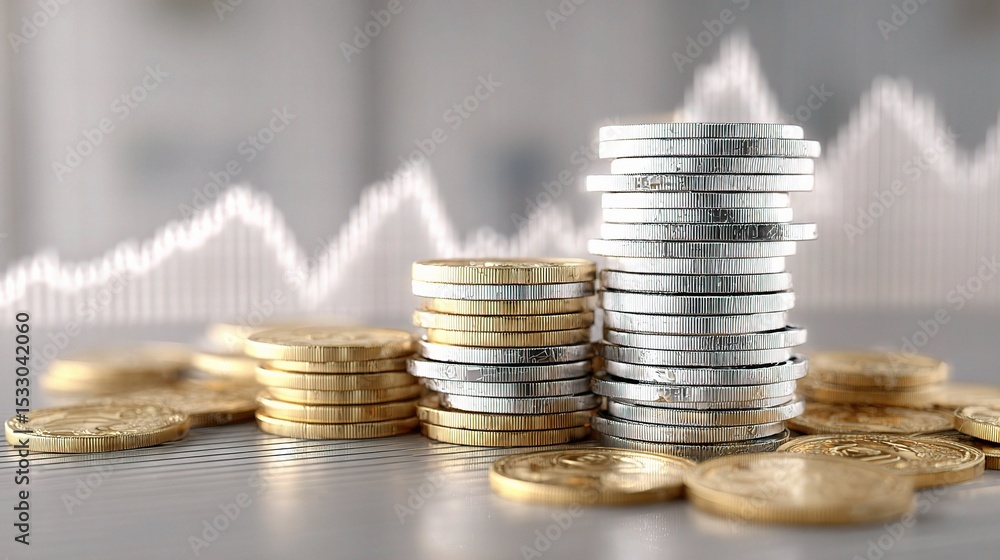 Aufkleber stack of mixed currency coins rendered in 3d with financial graph