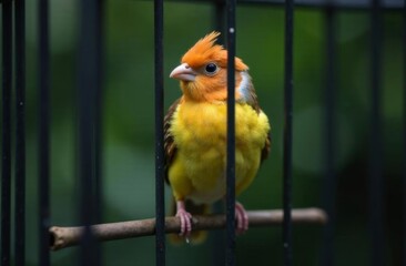 A beautiful bird is sitting in a bird cage. The background is slightly blurred, which highlights the bird and its cage.