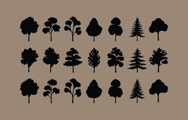Collection of black tree silhouettes on brown background