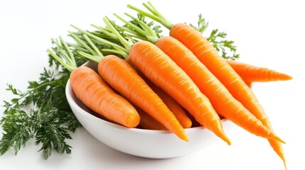 A close up of fresh carrots with green tops arranged in a white bowl on a white background