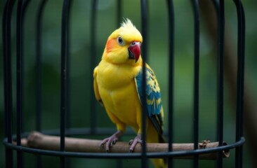 A beautiful bird is sitting in a bird cage. The background is slightly blurred, which highlights the bird and its cage.
