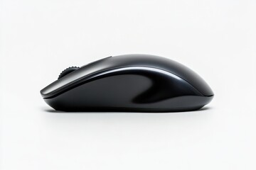 A sleek black computer mouse resting on a clean white surface in a minimalist composition view
