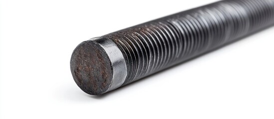 Close up of a dark metal threaded rod against a white background showing the end of the rod