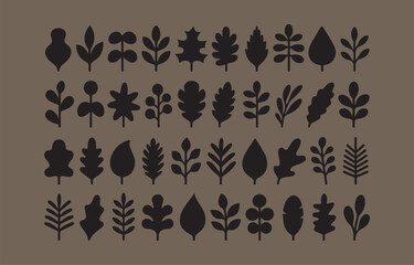 Collection of black silhouette leaf and plant icons