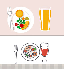 Cartoon set of food and drinks. Menu design with symbols on white background, illustration.