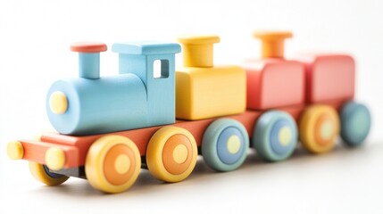 Close up of a colorful wooden toy train with blue yellow and red cars on a white background