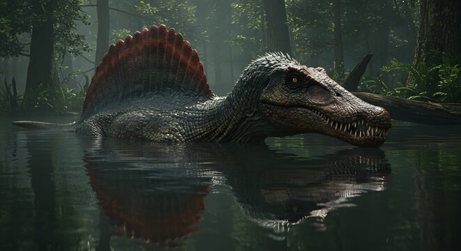 Spinosaurus in Its Natural Swamp Habitat: Fully Camouflaged and Hidden, Lying in Wait for Its Next Prey