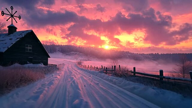 Serene winter landscape at sunset with a rustic barn and snowy path under vibrant skies