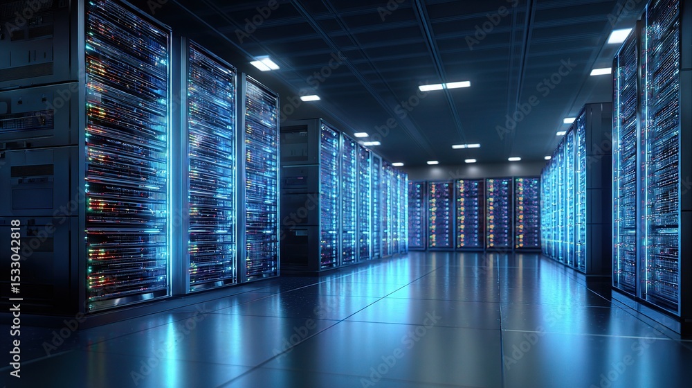 Poster Detailed 3D View of a Server Data Center with Stacked Servers