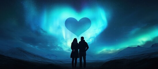 Silhouette couple watching heart shaped aurora borealis in night sky landscape scene view