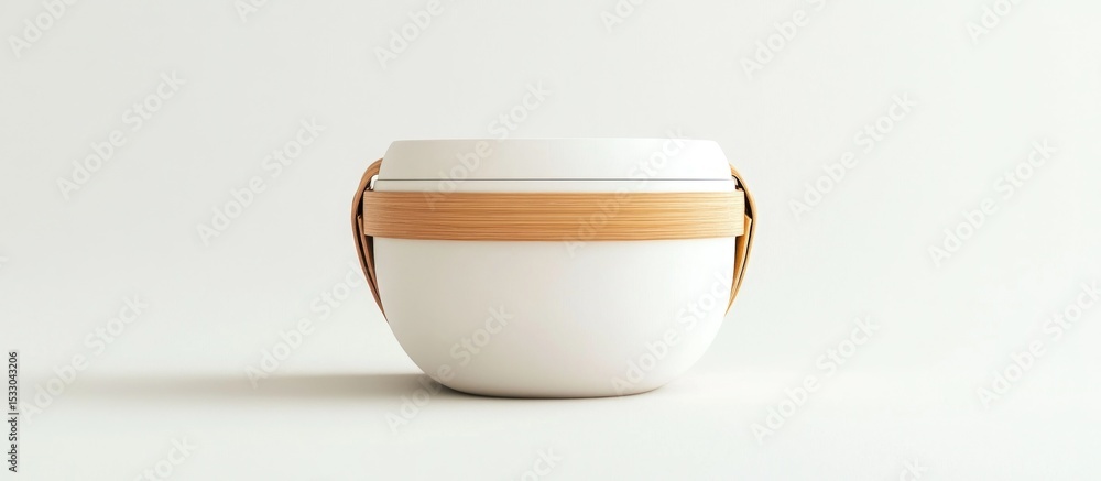 Poster a minimalistic white container with a wooden band on a white background in a studio setting