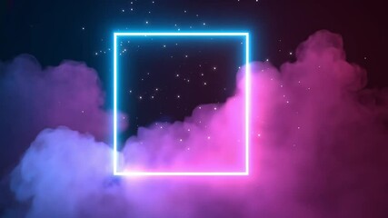 A vibrant digital background featuring a glowing rectangular frame surrounded by colorful smoke and stars. The scene conveys a futuristic and abstract atmosphere. - Powered by Adobe