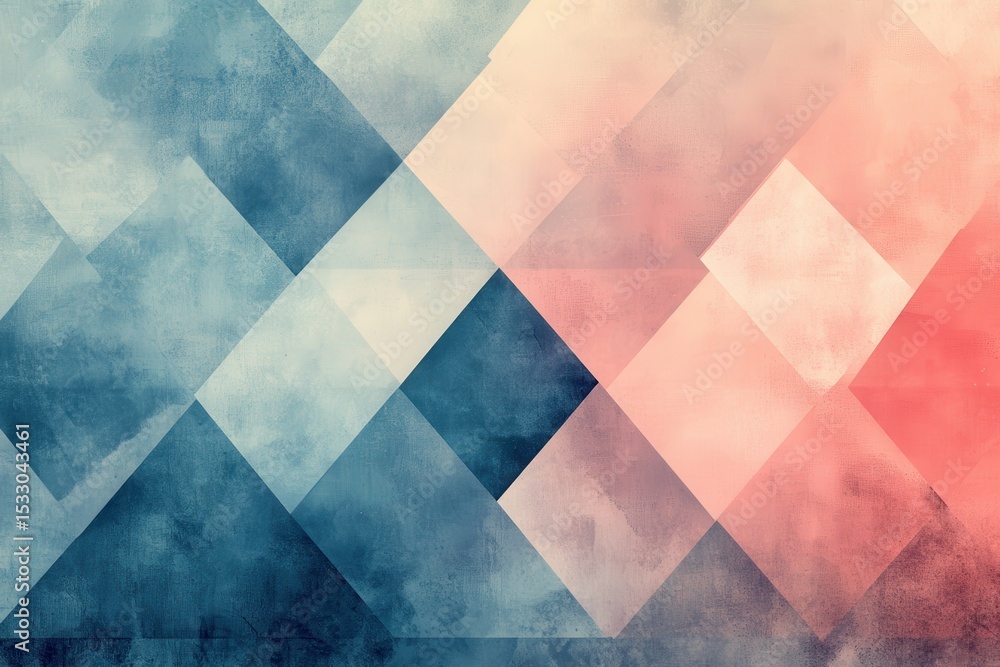 Poster colorful geometric shapes create an abstract pattern on a smooth surface with soft pink and blue hue