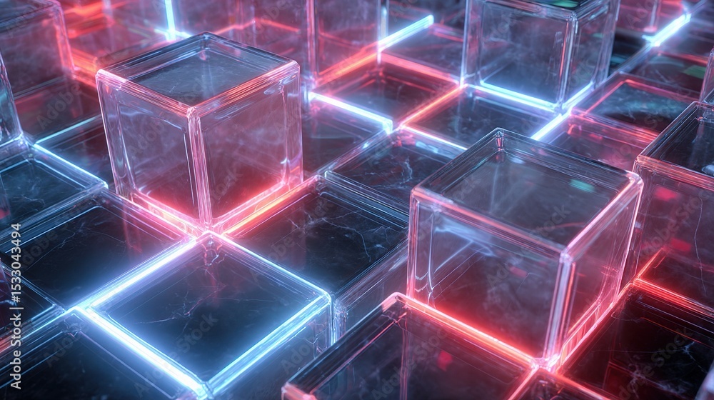 Poster floating translucent cubes in complex grid pattern with light effects