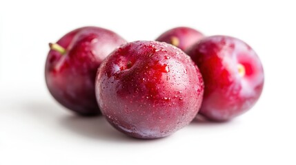 Fototapeta premium Close up shot showing a group of four ripe plums with water droplets on a white background surface