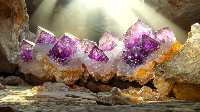 Stunning amethyst crystal formation illuminated by sunlight in a serene cave setting