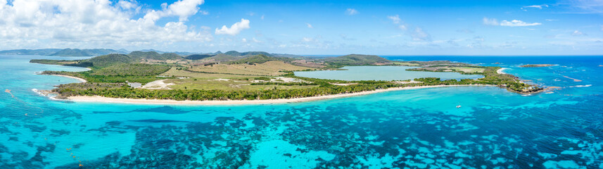 Salines Beach panorama in Sainte-Anne, Martinique, France. Salines Beach is a popular tourist destination along Coastal State Forest.