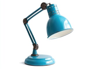 A turquoise adjustable desk lamp with bronze accents isolated on a white background studio shot