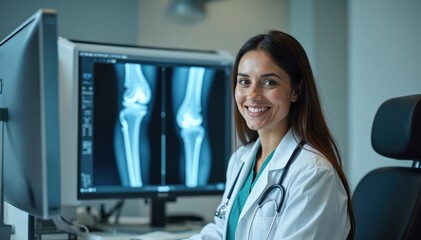 Smiling orthopedic doctor examining patient joint X-ray bone scan. Woman physician in white coat smiles. Radiologist, healthcare pro diagnoses knee joint. Medicine, healthcare, hospital, modern