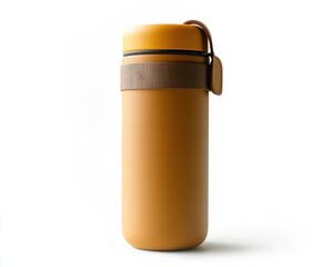 A cylindrical container with a yellow lid and brown strap on a white background studio shot