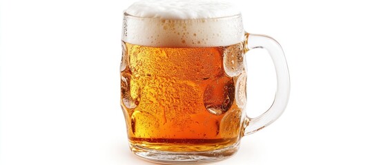 A close up shot of a glass mug filled with beer and a thick layer of white foam on top of it