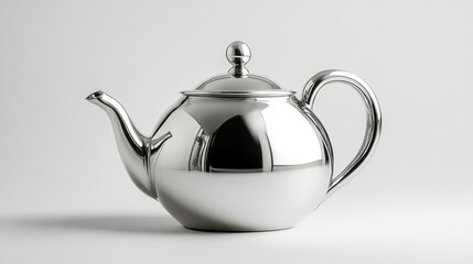 A shiny silver teapot with a rounded body and a small knob on the lid on a white background
