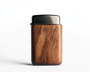 Close up shot of a wooden lighter with a metal top on a white background in studio lighting