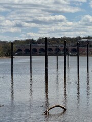 Close‑up view of poles in river with distant bridge in New Brunswick, NJ